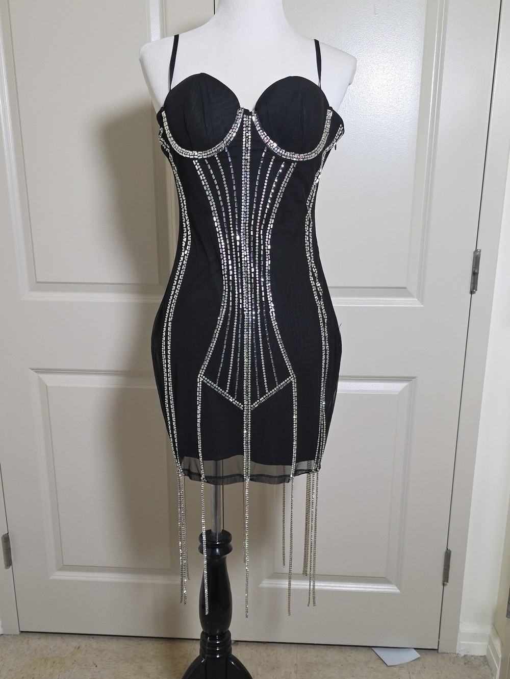 Fashion Nova Black Rhinestone Fringe Corset Mini Dress